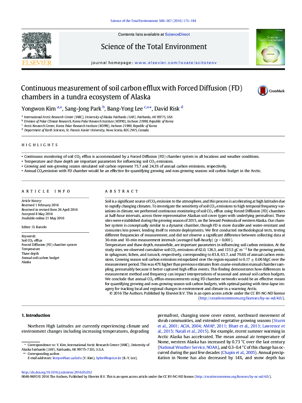 Continuous measurement of soil carbon efflux with Forced Diffusion (FD) chambers in a tundra ecosystem of Alaska