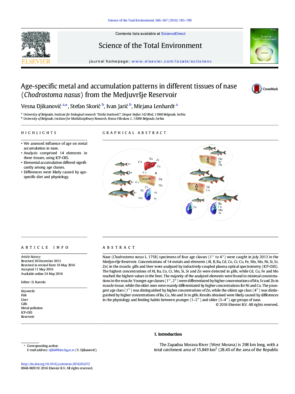 Age-specific metal and accumulation patterns in different tissues of nase (Chodrostoma nasus) from the MedjuvrÅ¡je Reservoir