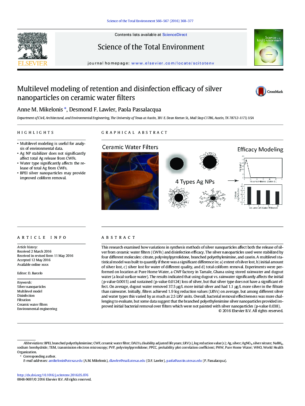 Multilevel modeling of retention and disinfection efficacy of silver nanoparticles on ceramic water filters