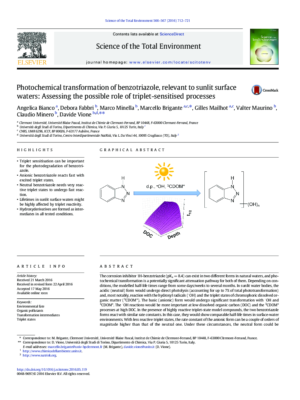 Photochemical transformation of benzotriazole, relevant to sunlit surface waters: Assessing the possible role of triplet-sensitised processes