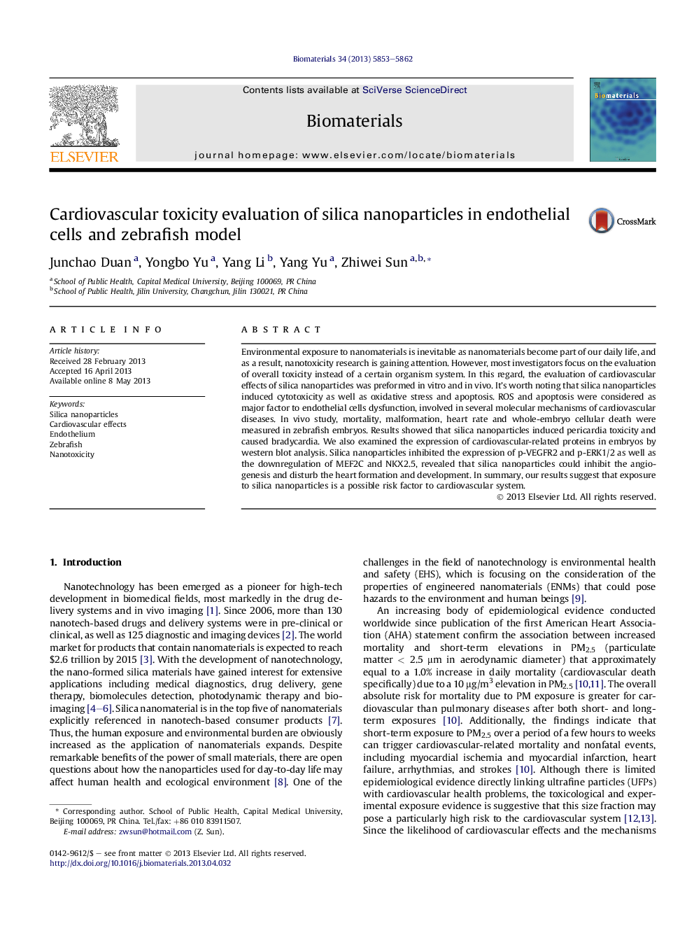 Cardiovascular toxicity evaluation of silica nanoparticles in endothelial cells and zebrafish model