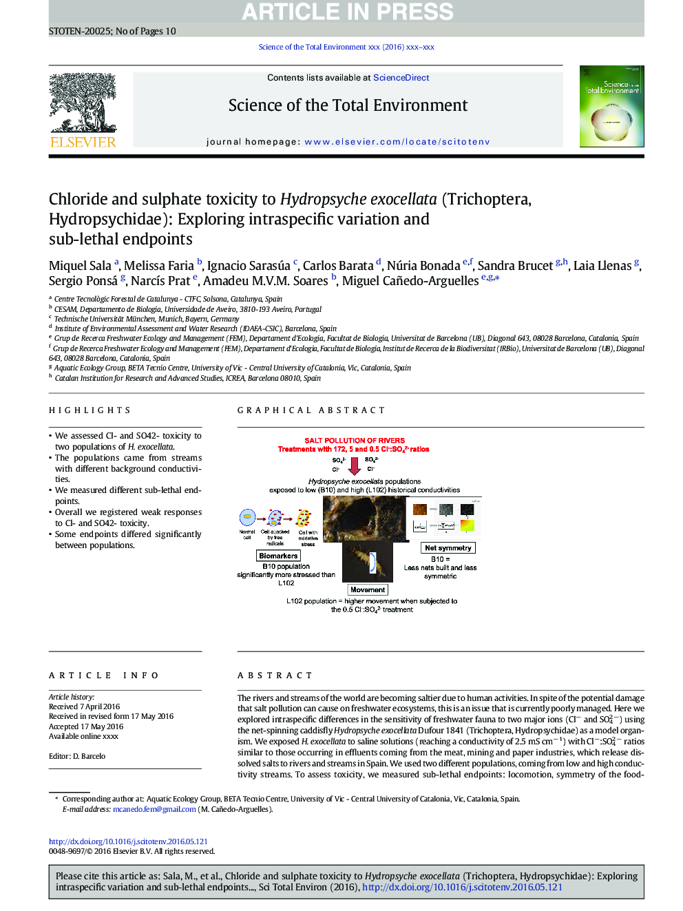 Chloride and sulphate toxicity to Hydropsyche exocellata (Trichoptera, Hydropsychidae): Exploring intraspecific variation and sub-lethal endpoints