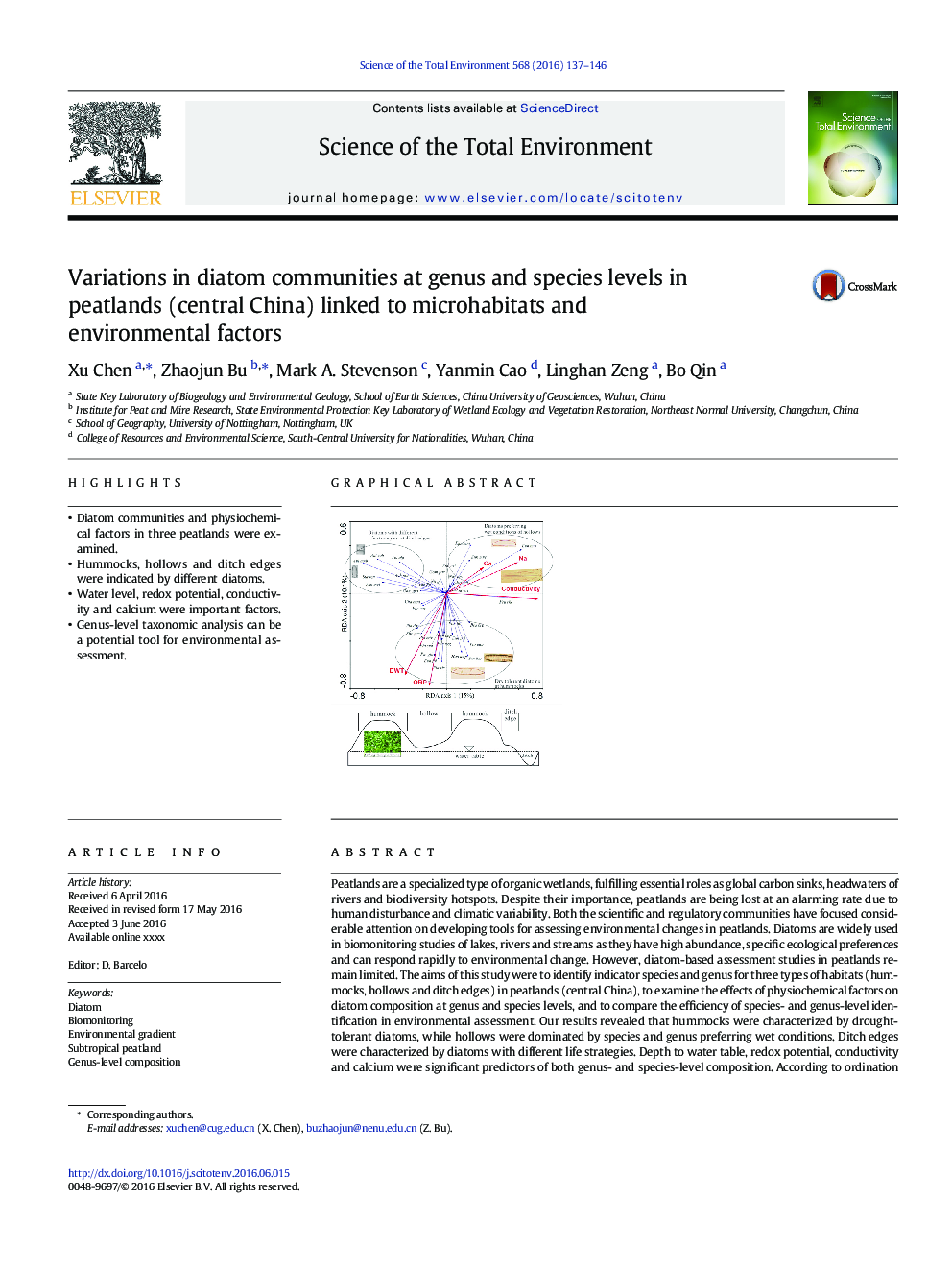 Variations in diatom communities at genus and species levels in peatlands (central China) linked to microhabitats and environmental factors