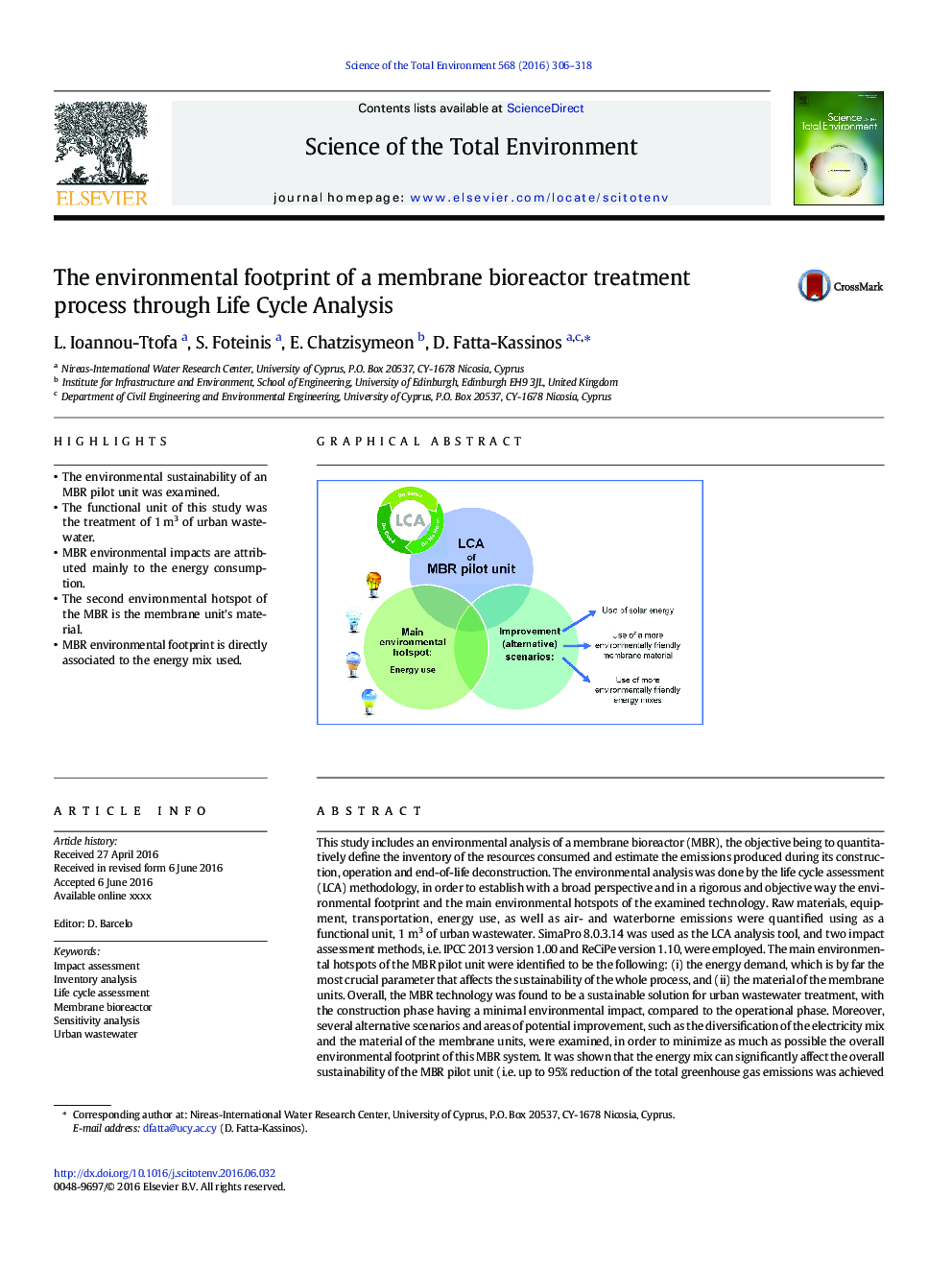 The environmental footprint of a membrane bioreactor treatment process through Life Cycle Analysis