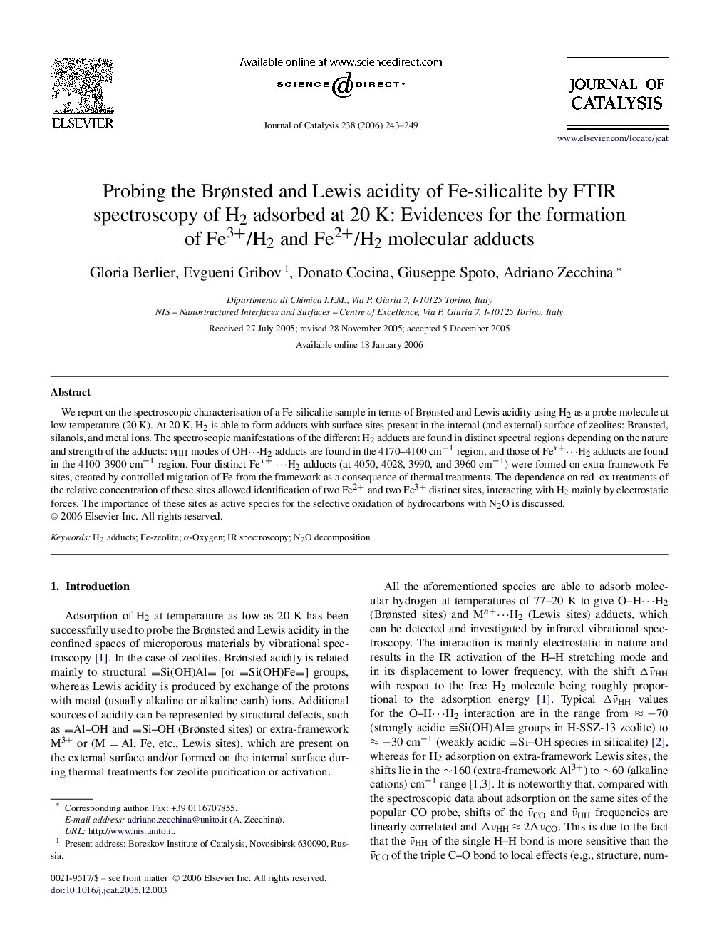 Probing the Brønsted and Lewis acidity of Fe-silicalite by FTIR spectroscopy of H2 adsorbed at 20 K: Evidences for the formation of Fe3+/H2 and Fe2+/H2 molecular adducts
