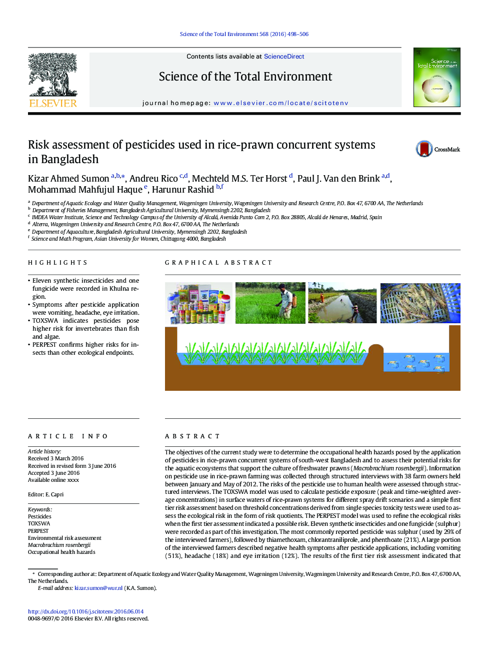 Risk assessment of pesticides used in rice-prawn concurrent systems in Bangladesh