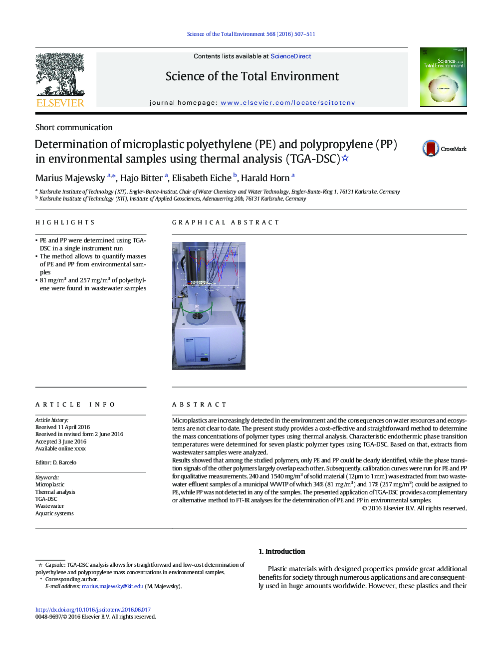 Determination of microplastic polyethylene (PE) and polypropylene (PP) in environmental samples using thermal analysis (TGA-DSC)
