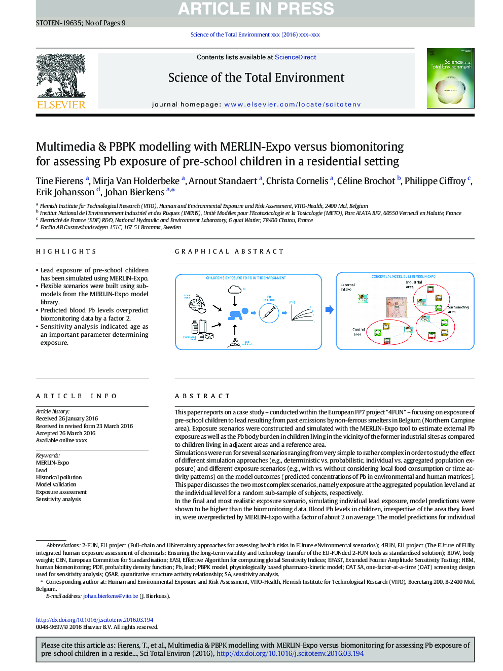 Multimedia & PBPK modelling with MERLIN-Expo versus biomonitoring for assessing Pb exposure of pre-school children in a residential setting