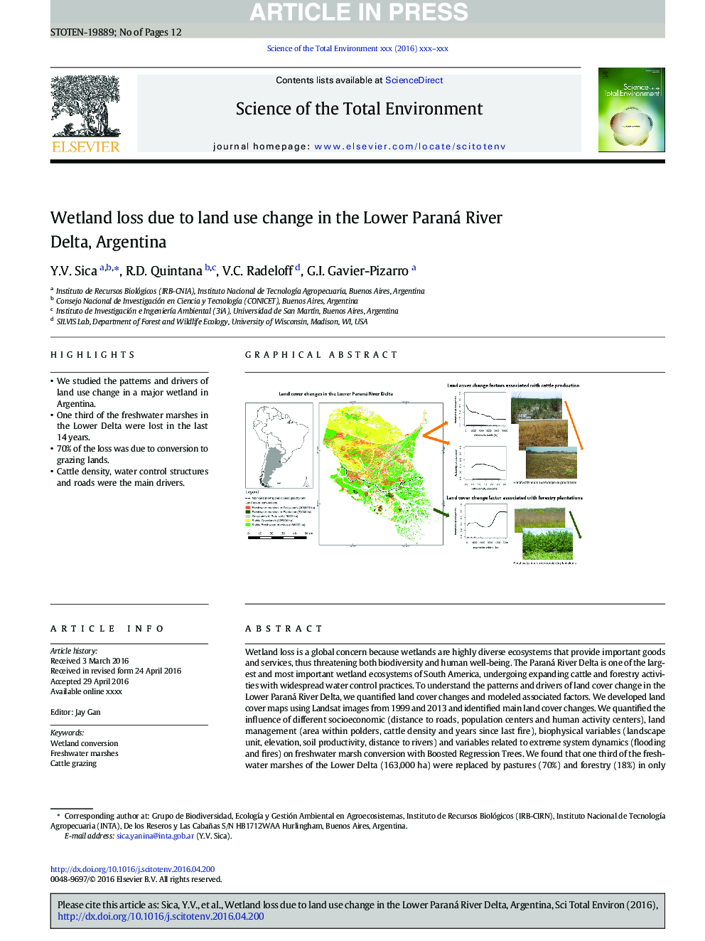 Wetland loss due to land use change in the Lower Paraná River Delta, Argentina