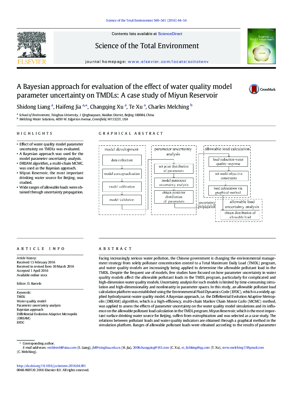 A Bayesian approach for evaluation of the effect of water quality model parameter uncertainty on TMDLs: A case study of Miyun Reservoir