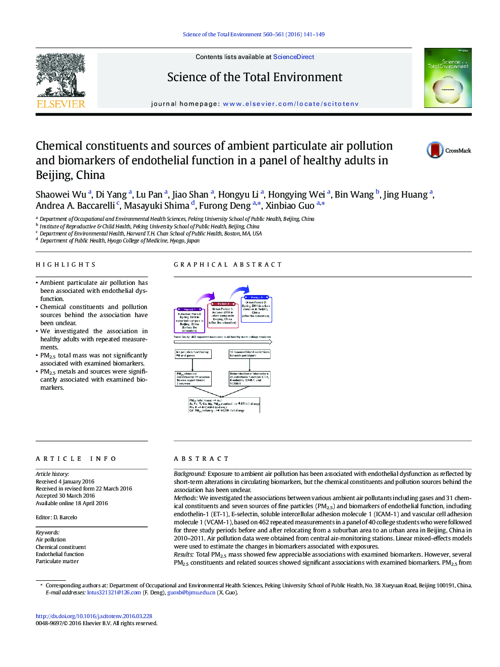 Chemical constituents and sources of ambient particulate air pollution and biomarkers of endothelial function in a panel of healthy adults in Beijing, China
