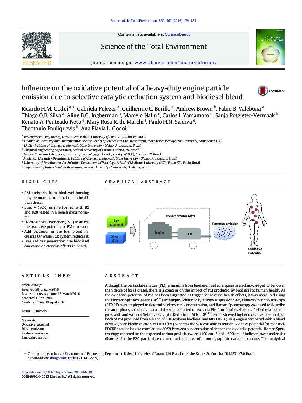 Influence on the oxidative potential of a heavy-duty engine particle emission due to selective catalytic reduction system and biodiesel blend