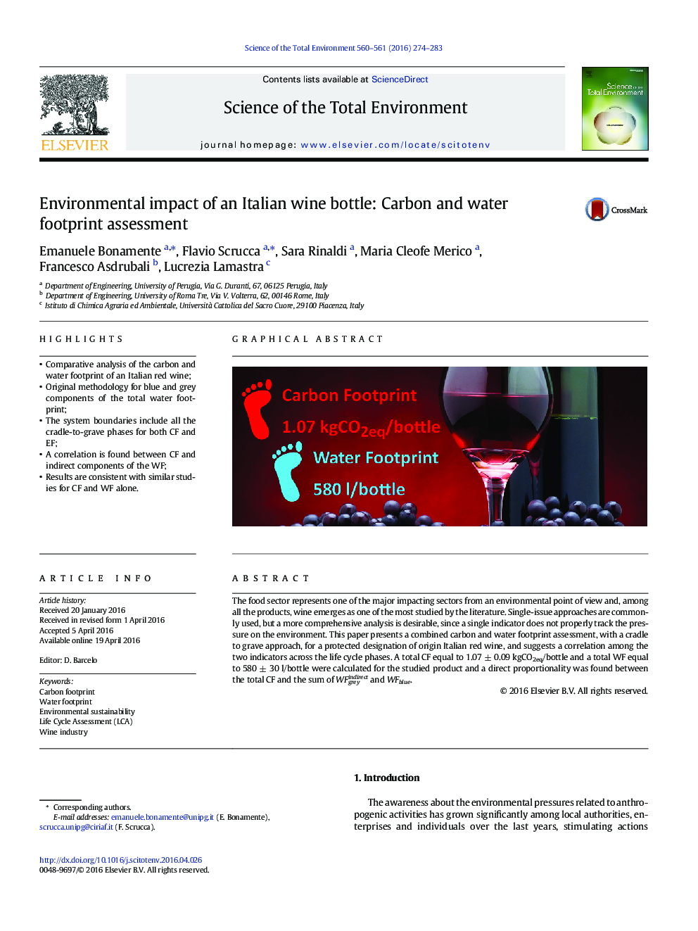 Environmental impact of an Italian wine bottle: Carbon and water footprint assessment