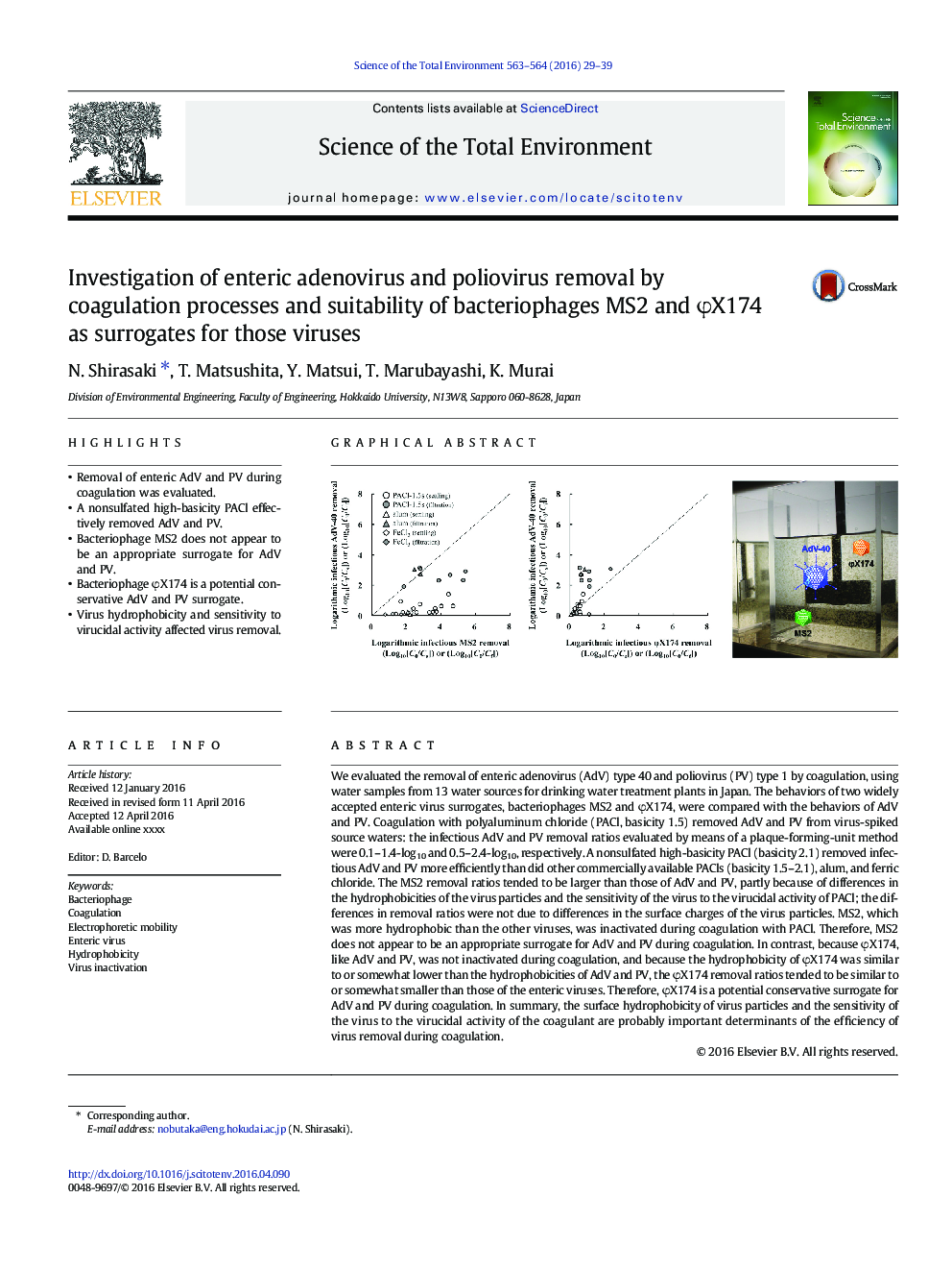 Investigation of enteric adenovirus and poliovirus removal by coagulation processes and suitability of bacteriophages MS2 and ÏX174 as surrogates for those viruses