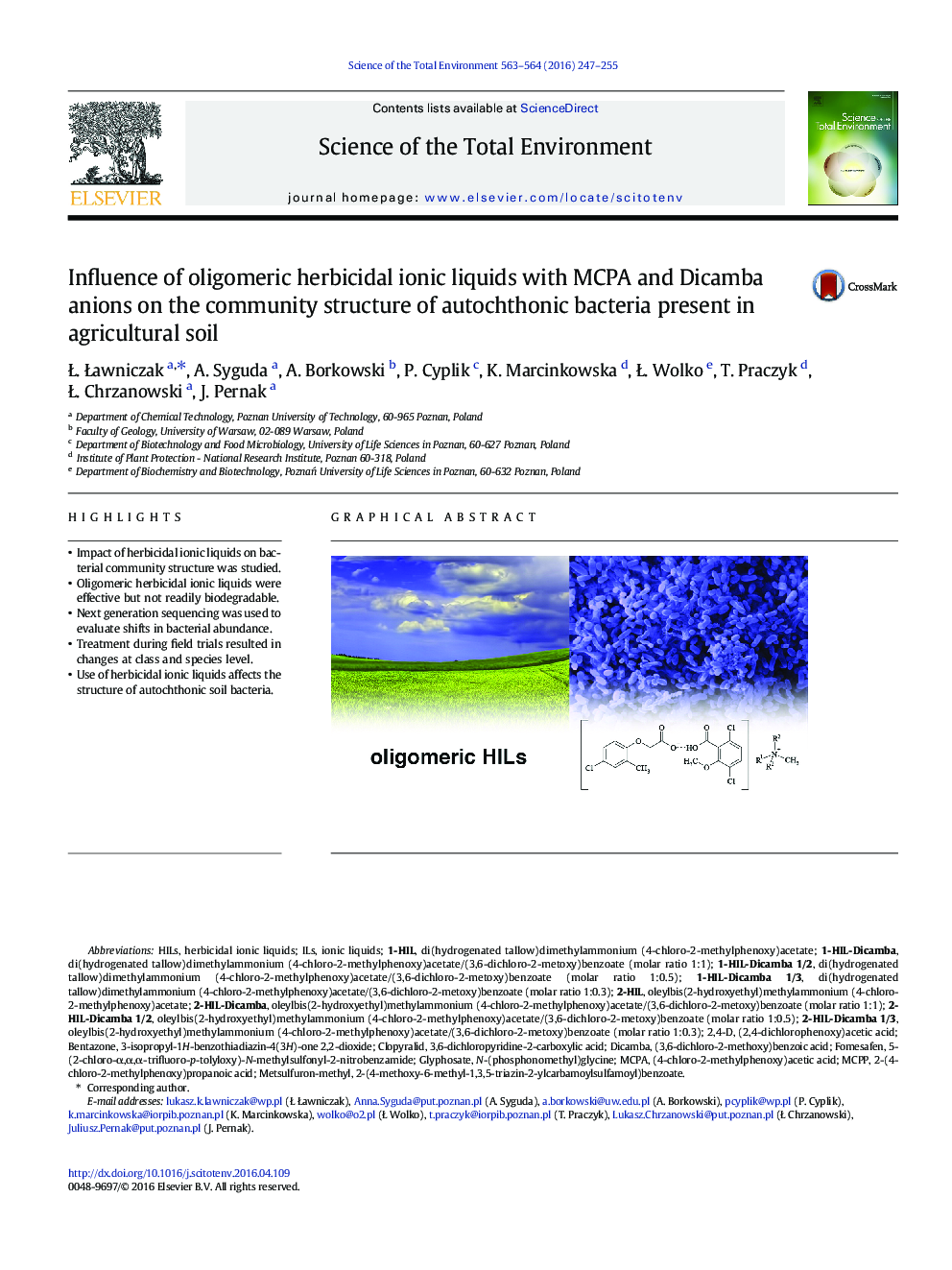 Influence of oligomeric herbicidal ionic liquids with MCPA and Dicamba anions on the community structure of autochthonic bacteria present in agricultural soil