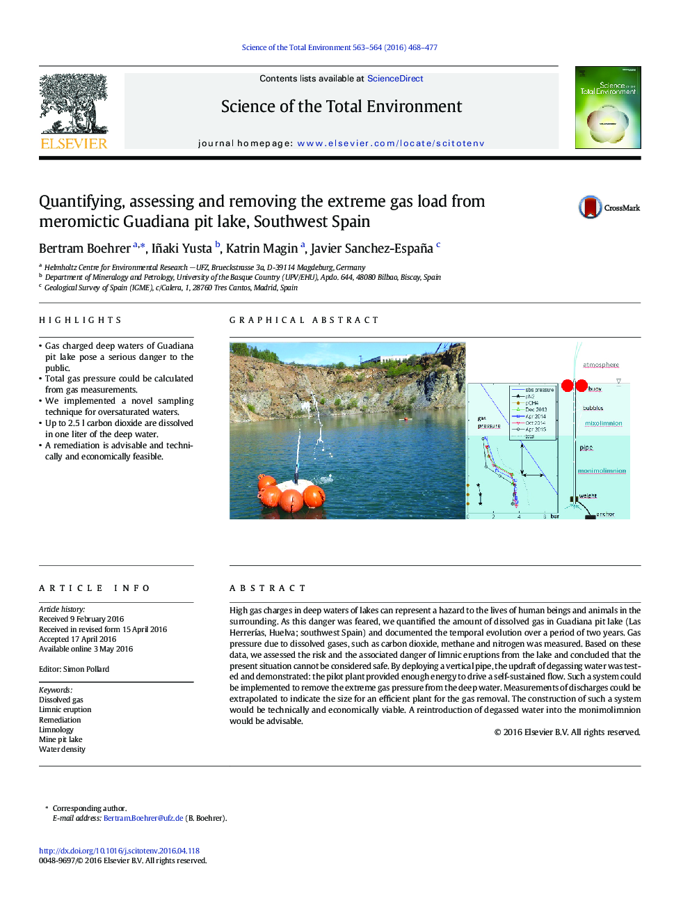 Quantifying, assessing and removing the extreme gas load from meromictic Guadiana pit lake, Southwest Spain