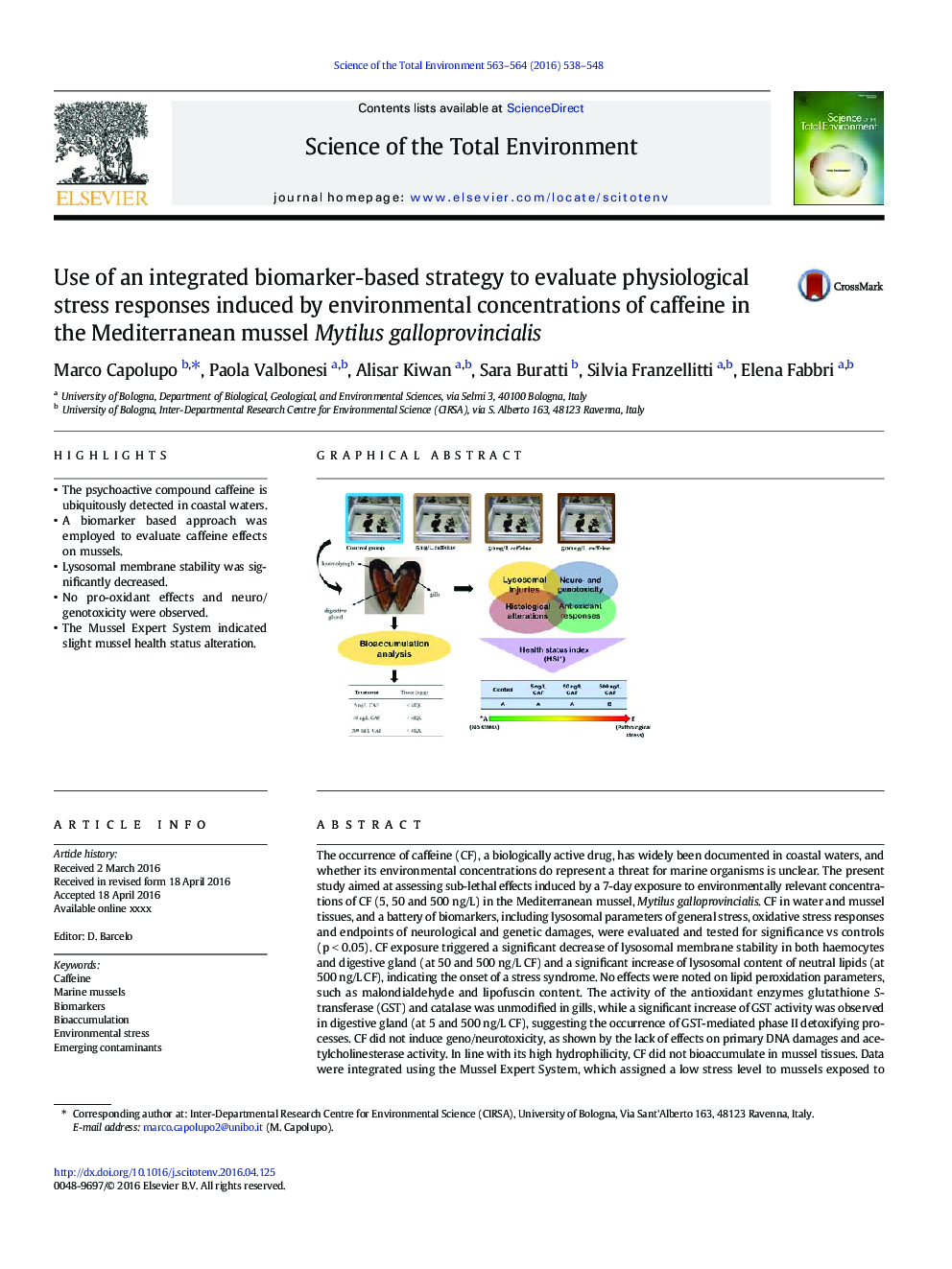 Use of an integrated biomarker-based strategy to evaluate physiological stress responses induced by environmental concentrations of caffeine in the Mediterranean mussel Mytilus galloprovincialis