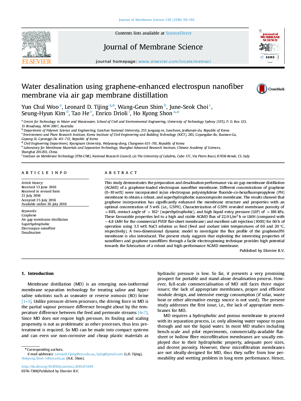 Water desalination using graphene-enhanced electrospun nanofiber membrane via air gap membrane distillation