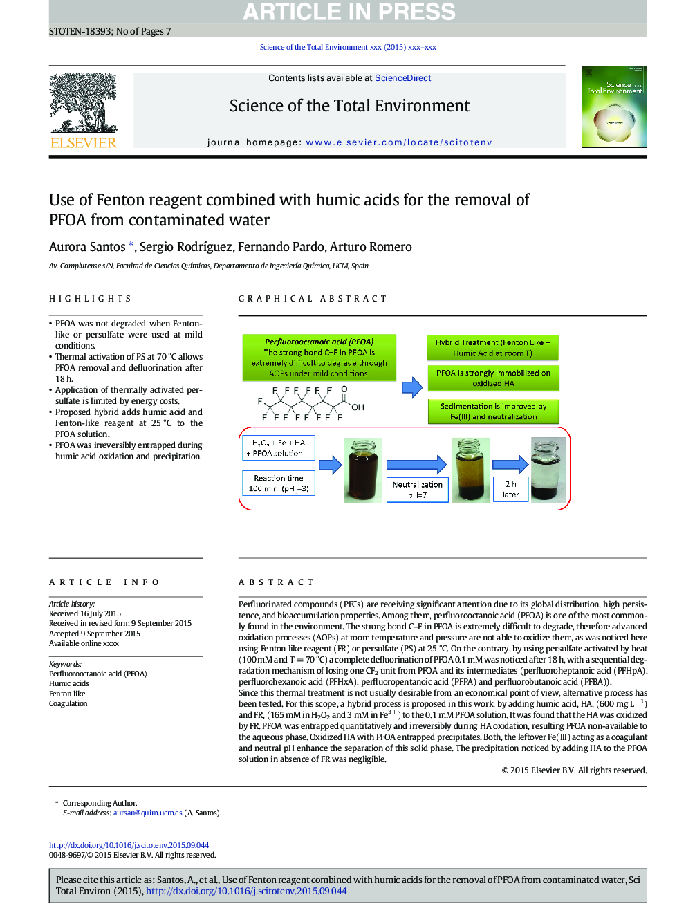 Use of Fenton reagent combined with humic acids for the removal of PFOA from contaminated water