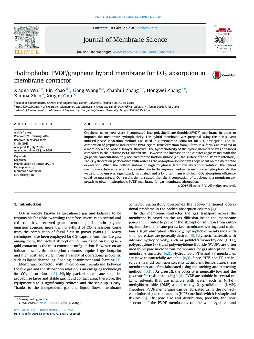 Hydrophobic PVDF/graphene hybrid membrane for CO2 absorption in membrane contactor