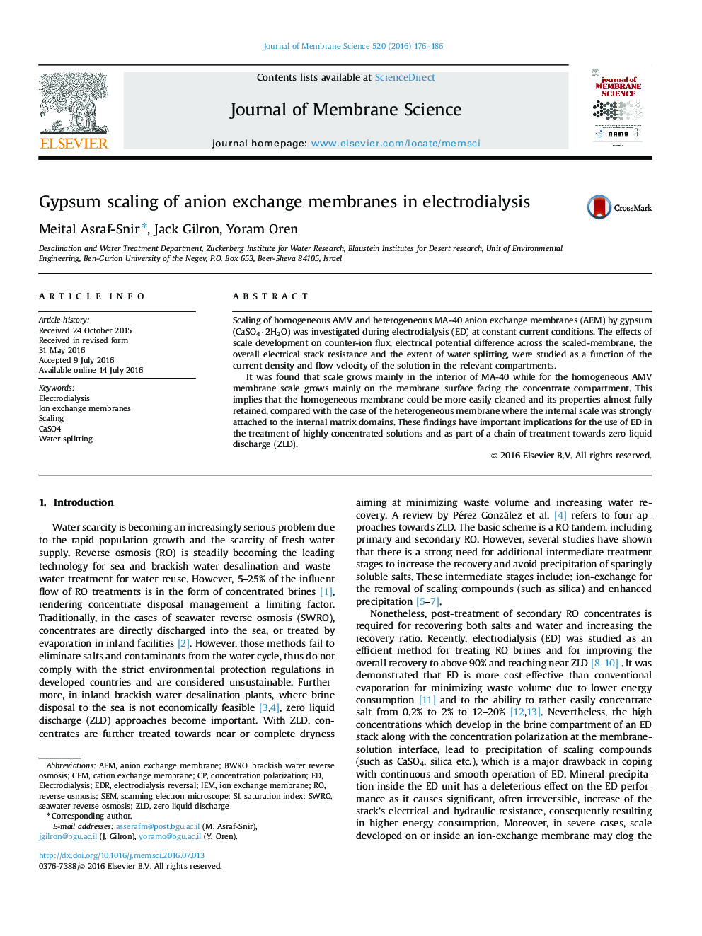 Gypsum scaling of anion exchange membranes in electrodialysis