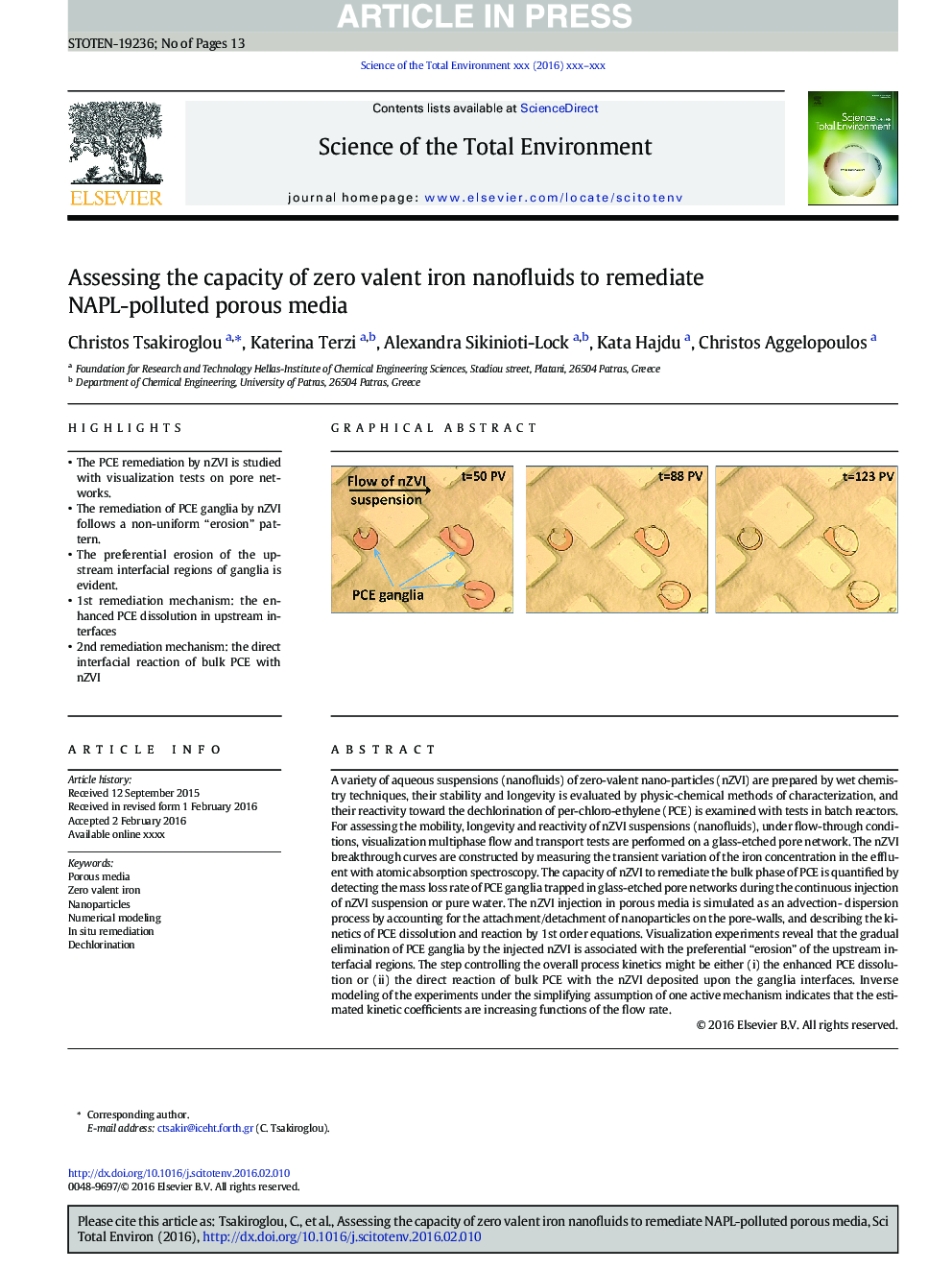 Assessing the capacity of zero valent iron nanofluids to remediate NAPL-polluted porous media