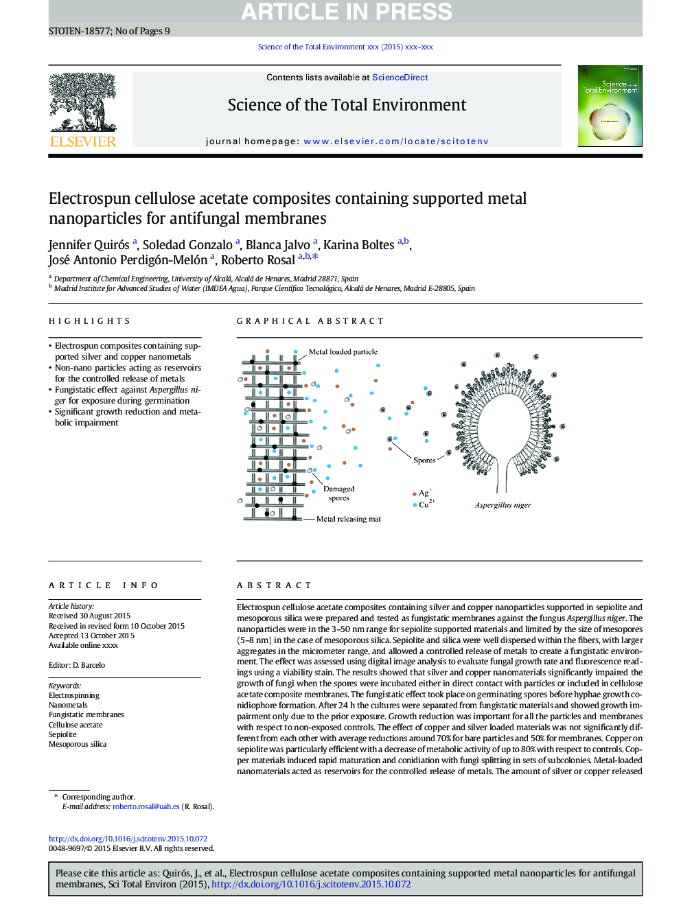 Electrospun cellulose acetate composites containing supported metal nanoparticles for antifungal membranes