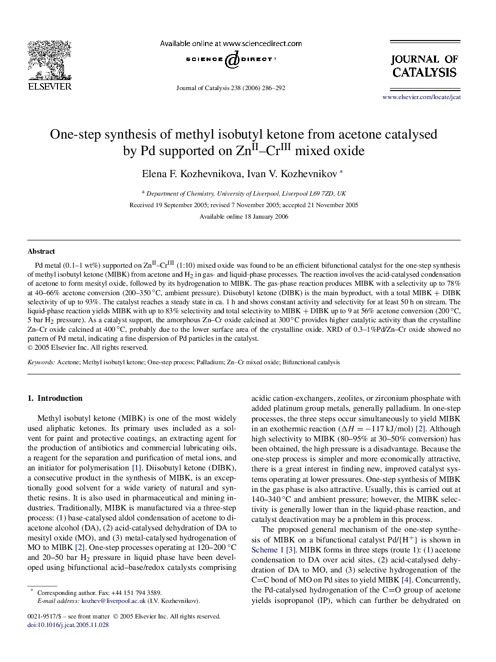 One-step synthesis of methyl isobutyl ketone from acetone catalysed by Pd supported on ZnII–CrIII mixed oxide