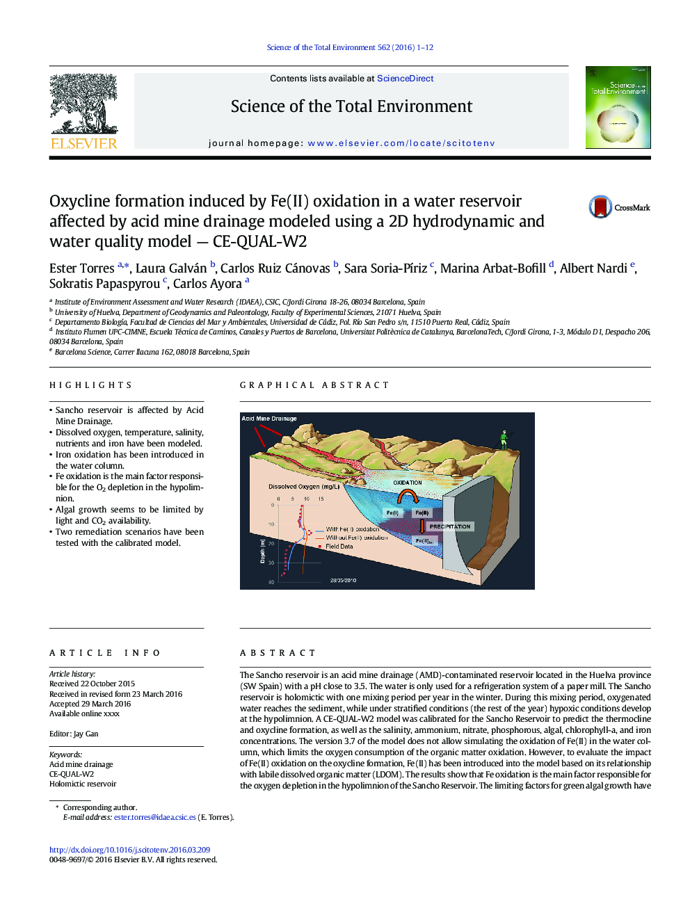 Oxycline formation induced by Fe(II) oxidation in a water reservoir affected by acid mine drainage modeled using a 2D hydrodynamic and water quality model - CE-QUAL-W2