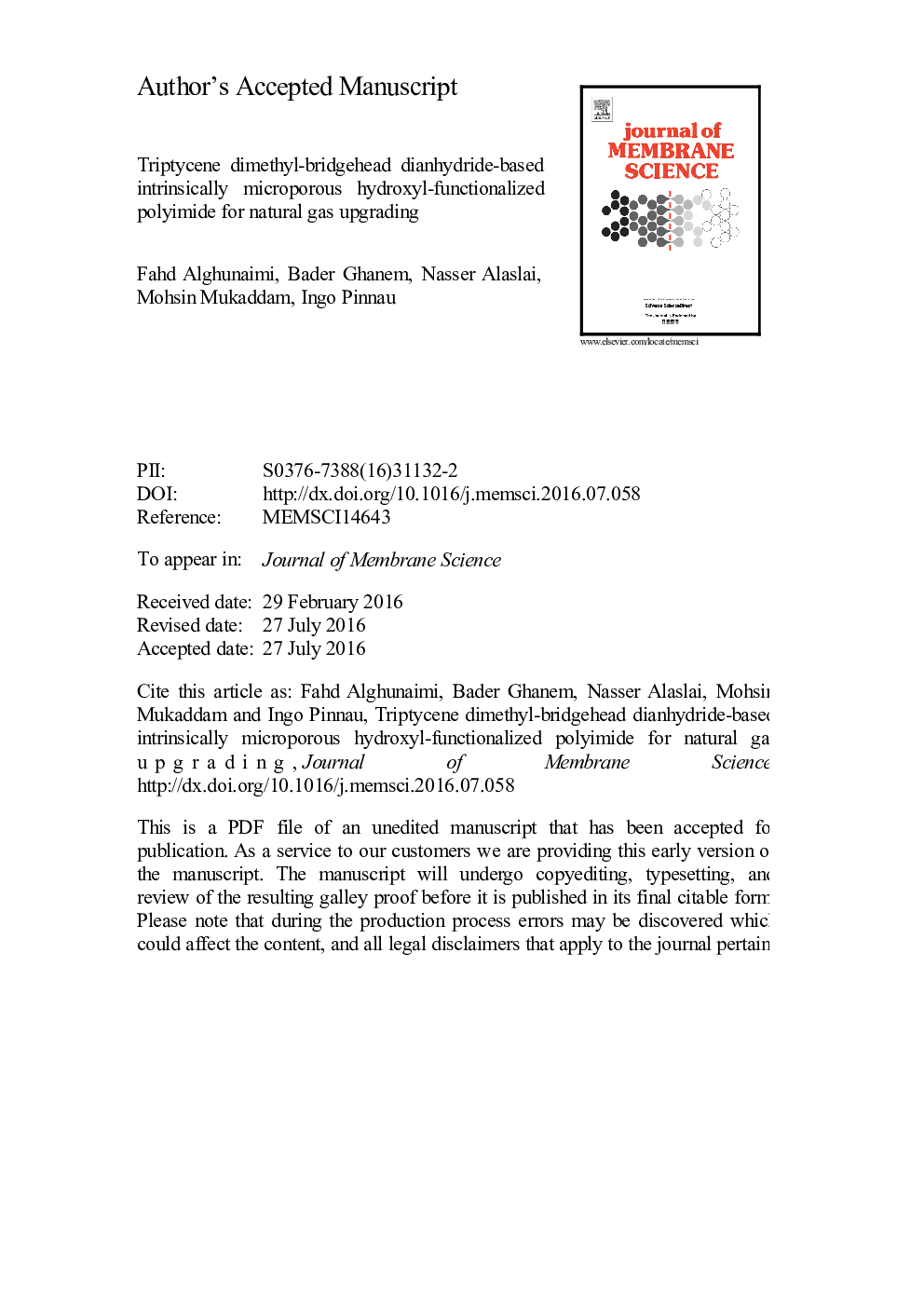 Triptycene dimethyl-bridgehead dianhydride-based intrinsically microporous hydroxyl-functionalized polyimide for natural gas upgrading