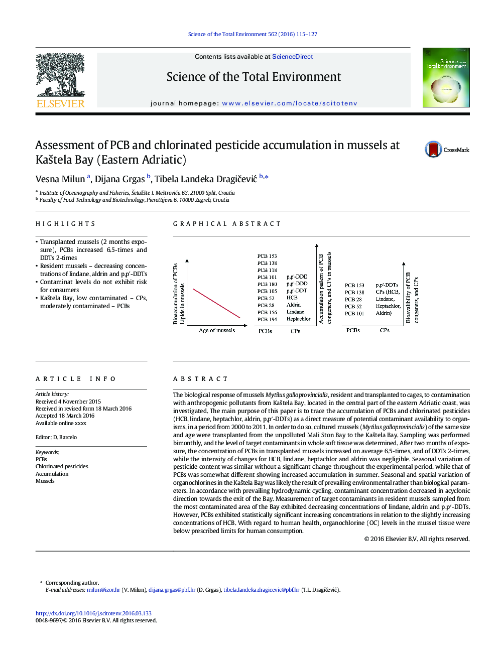 Assessment of PCB and chlorinated pesticide accumulation in mussels at KaÅ¡tela Bay (Eastern Adriatic)