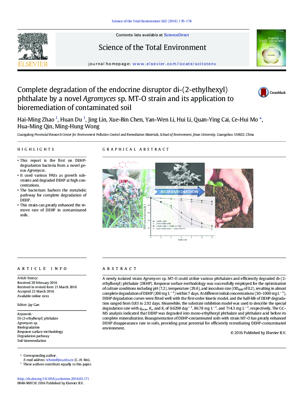 Complete degradation of the endocrine disruptor di-(2-ethylhexyl) phthalate by a novel Agromyces sp. MT-O strain and its application to bioremediation of contaminated soil