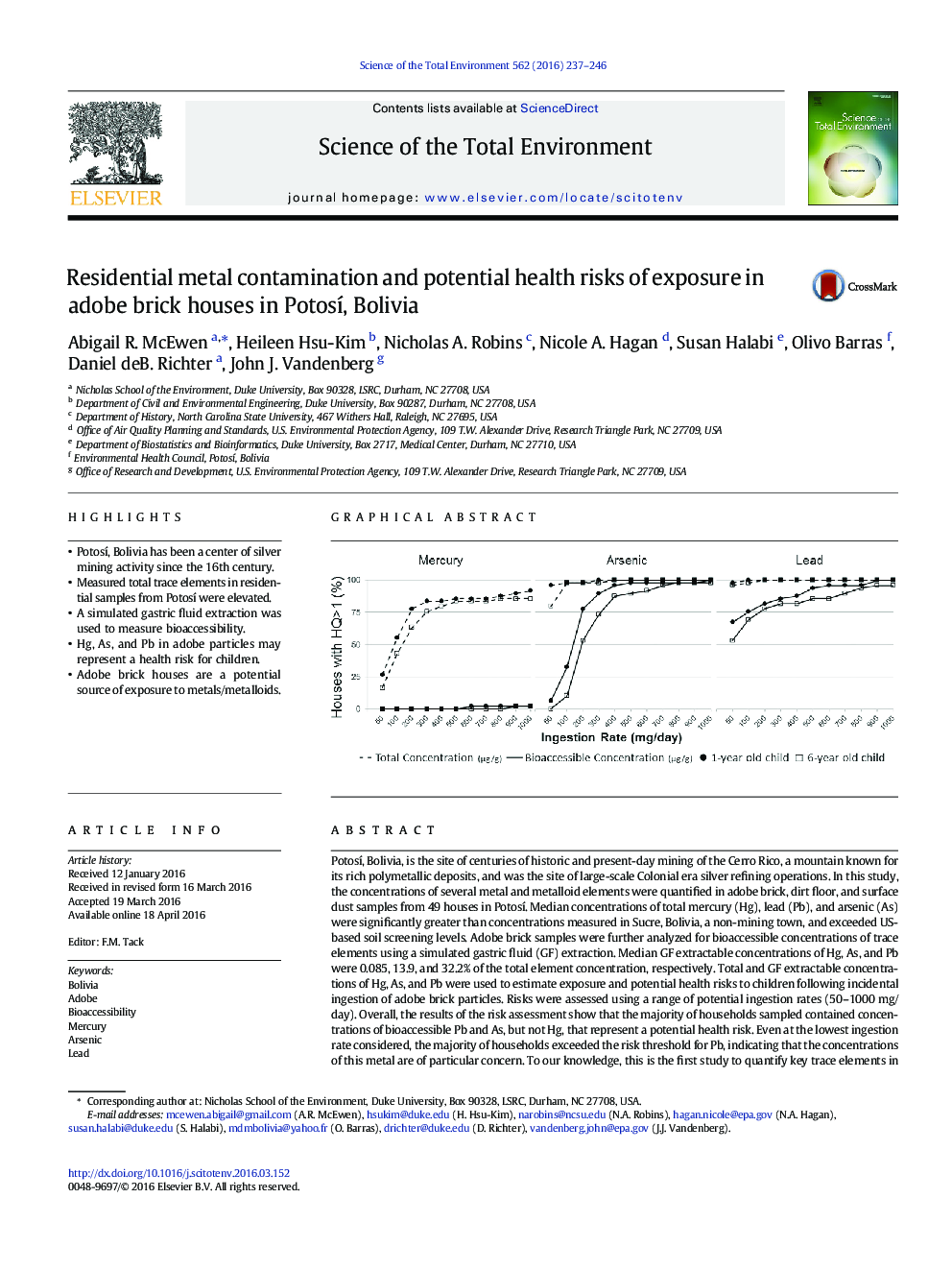 Residential metal contamination and potential health risks of exposure in adobe brick houses in PotosÃ­, Bolivia