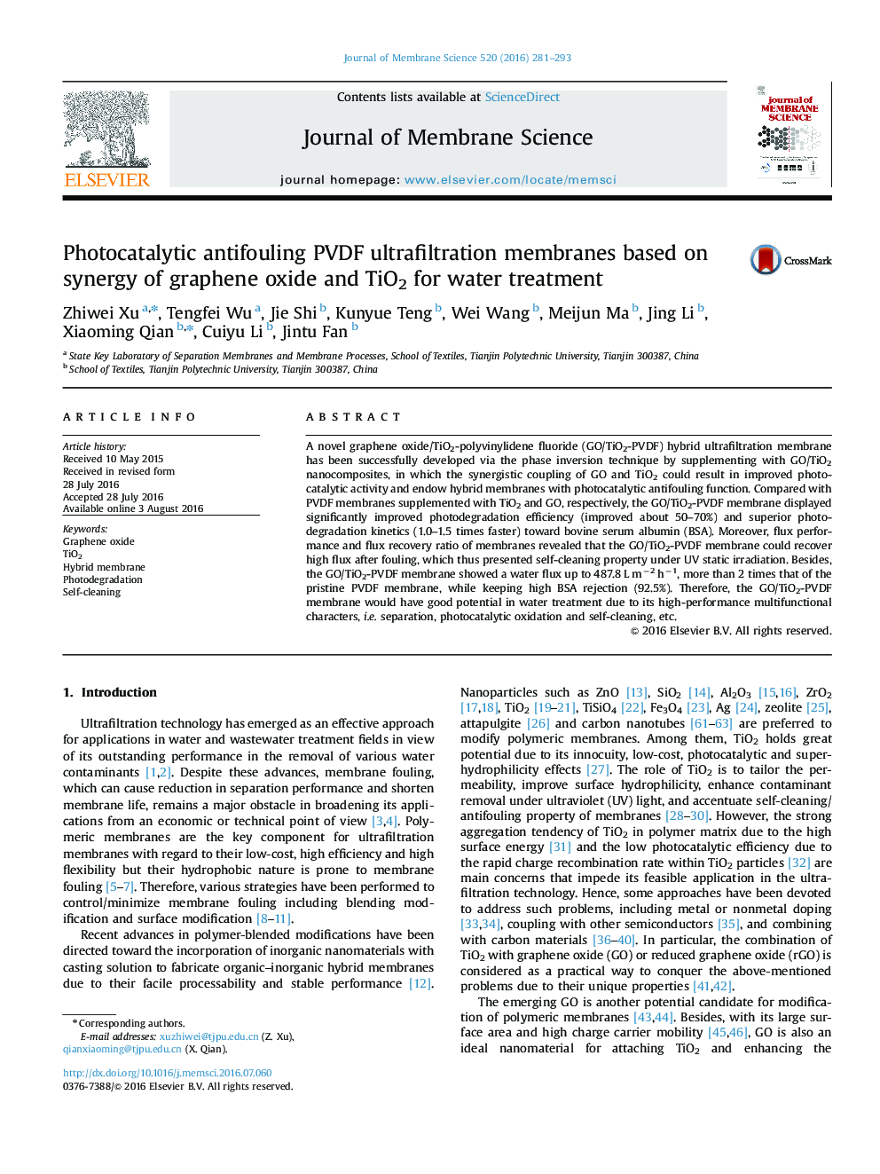 Photocatalytic antifouling PVDF ultrafiltration membranes based on synergy of graphene oxide and TiO2 for water treatment