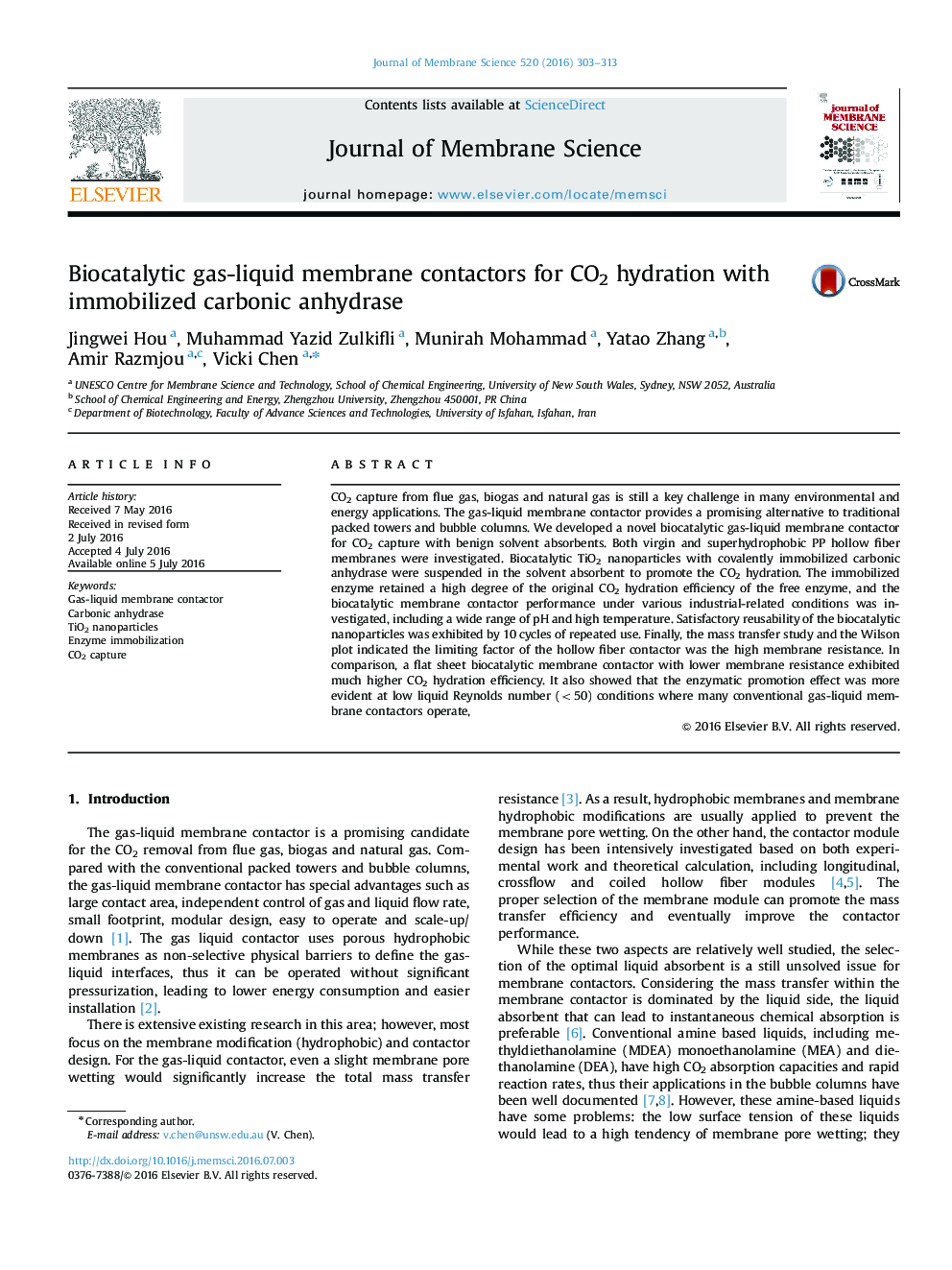 عکس صفحه اول مقاله: Biocatalytic gas-liquid membrane contactors for CO2 hydration with immobilized carbonic anhydrase Biocatalytic gas-liquid membrane contactors for CO2 hydration with immobilized carbonic anhydrase
