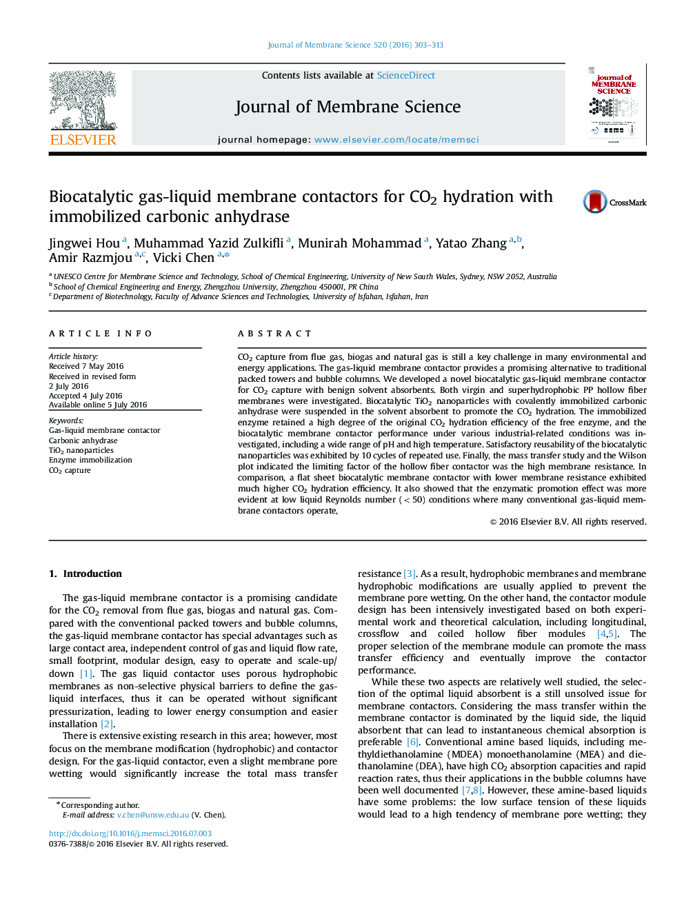 Biocatalytic gas-liquid membrane contactors for CO2 hydration with immobilized carbonic anhydrase