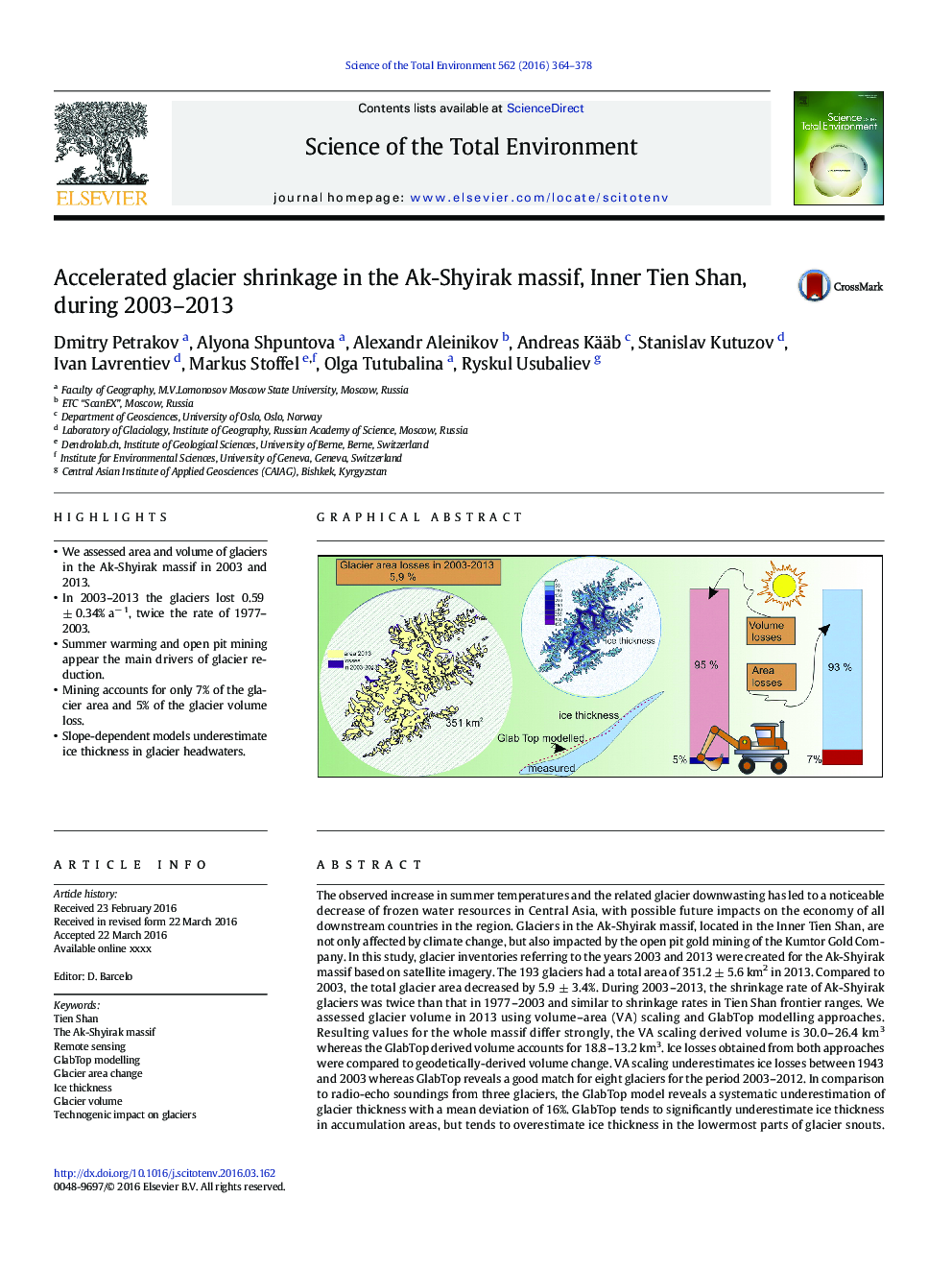 Accelerated glacier shrinkage in the Ak-Shyirak massif, Inner Tien Shan, during 2003-2013