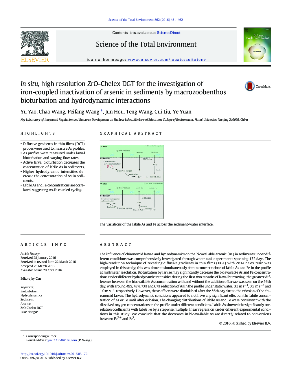 In situ, high resolution ZrO-Chelex DGT for the investigation of iron-coupled inactivation of arsenic in sediments by macrozoobenthos bioturbation and hydrodynamic interactions