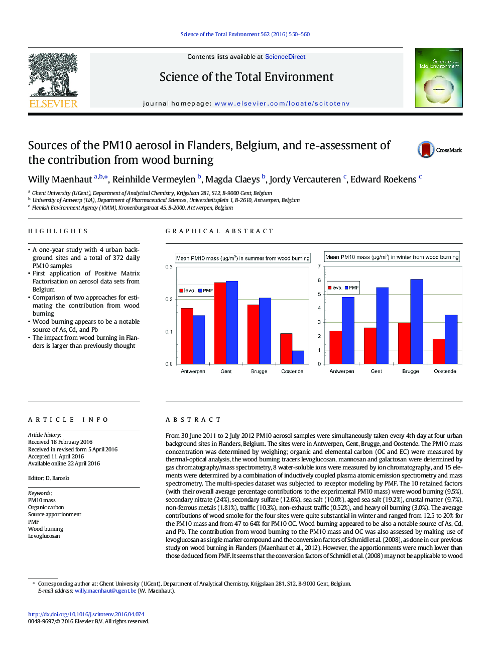 Sources of the PM10 aerosol in Flanders, Belgium, and re-assessment of the contribution from wood burning