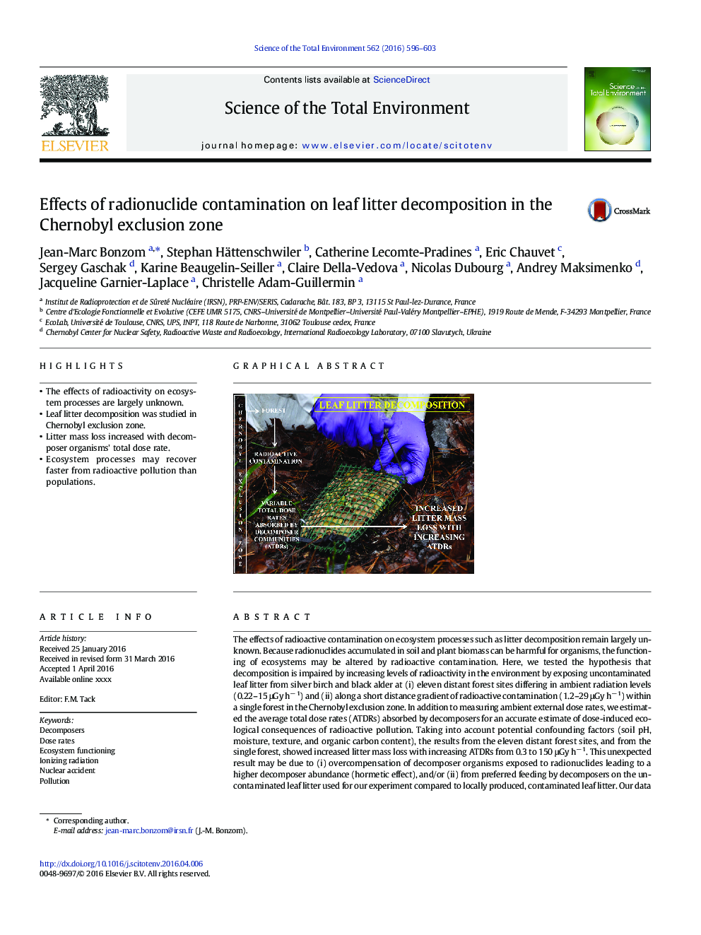 Effects of radionuclide contamination on leaf litter decomposition in the Chernobyl exclusion zone