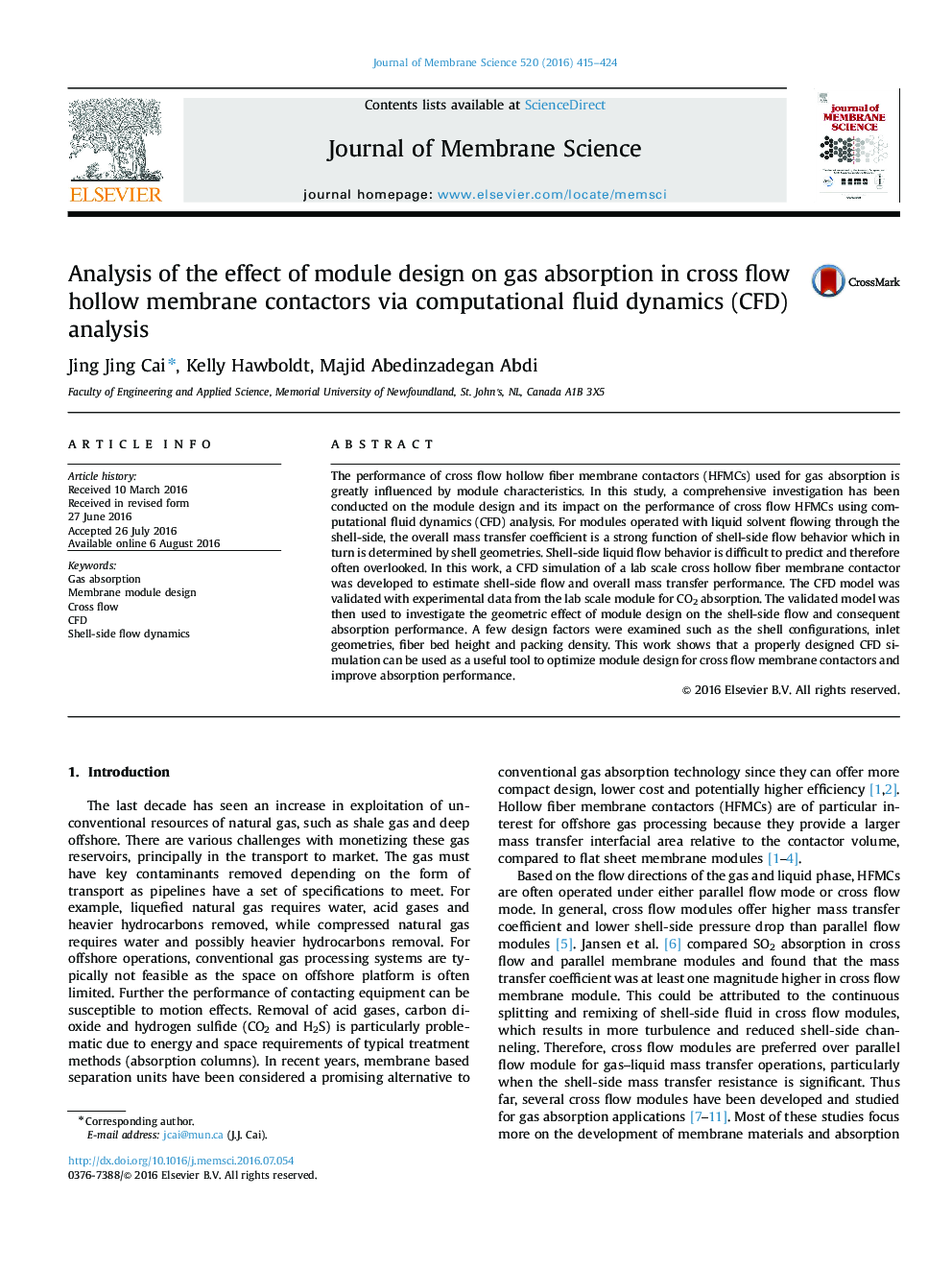 Analysis of the effect of module design on gas absorption in cross flow hollow membrane contactors via computational fluid dynamics (CFD) analysis
