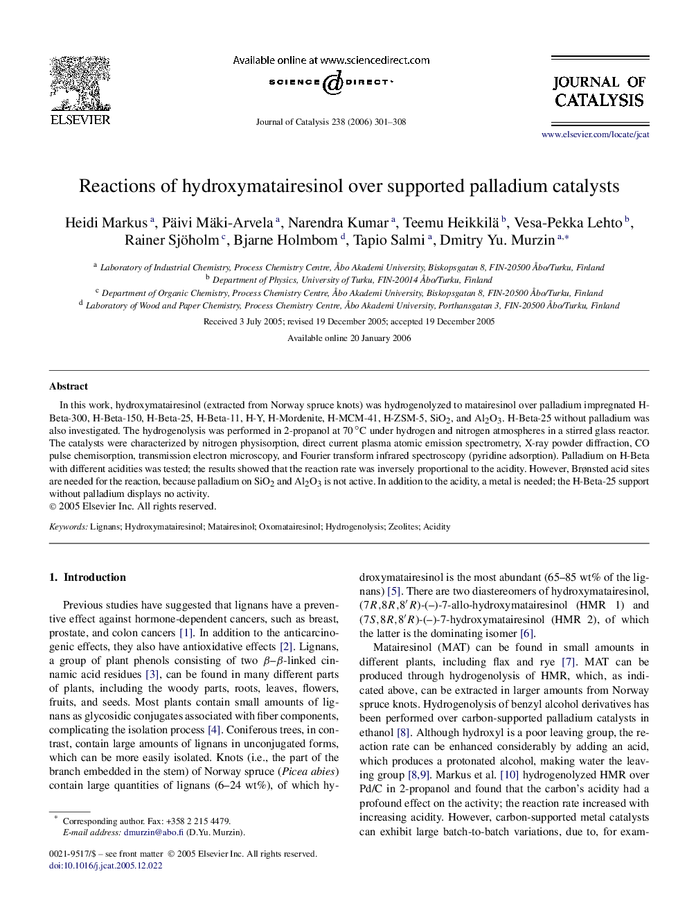Reactions of hydroxymatairesinol over supported palladium catalysts