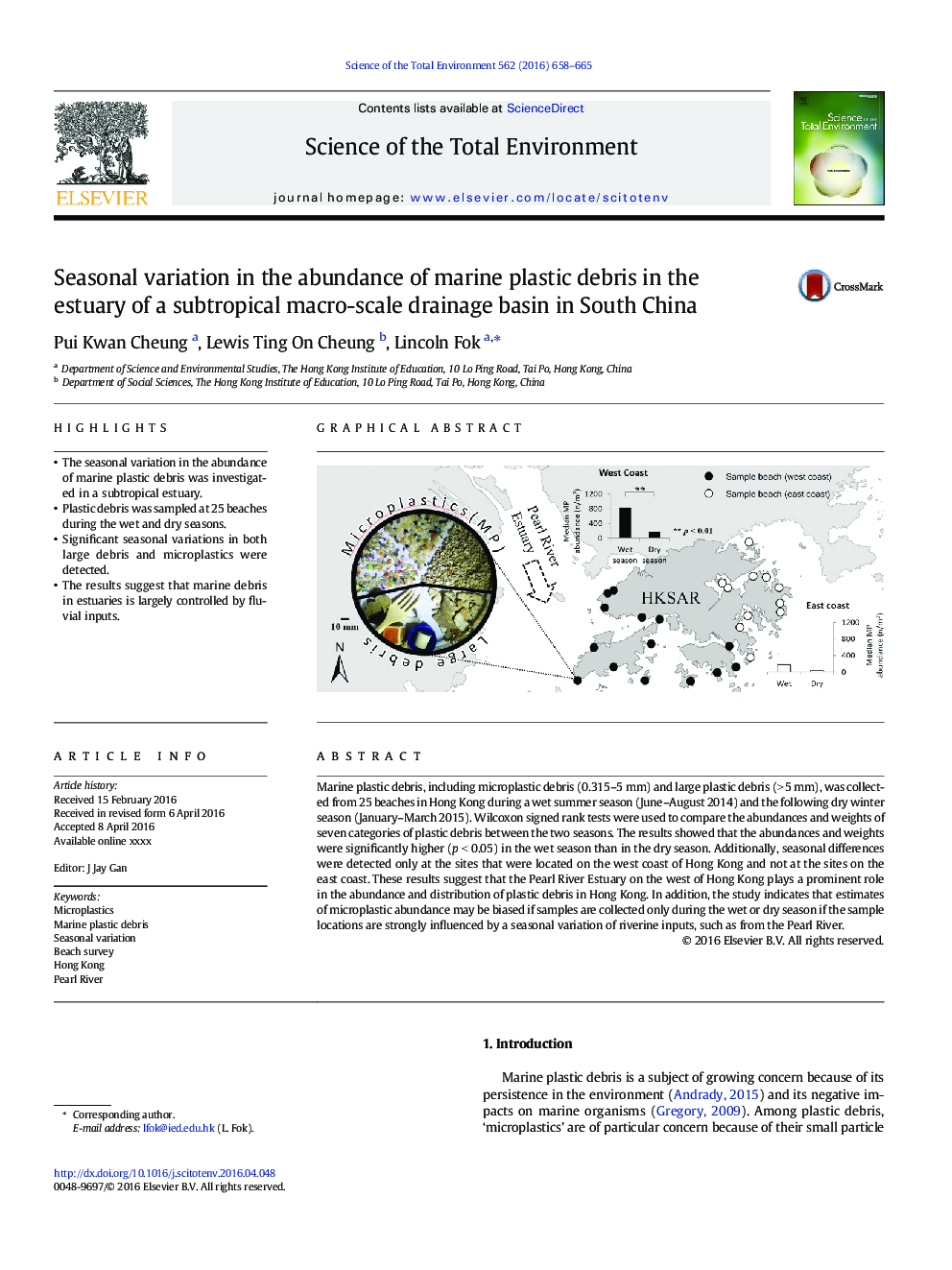 Seasonal variation in the abundance of marine plastic debris in the estuary of a subtropical macro-scale drainage basin in South China