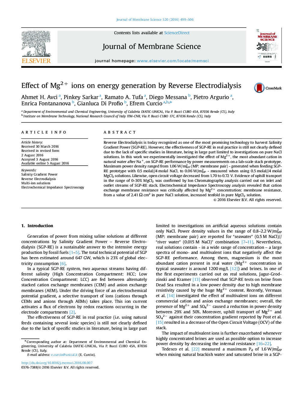 Effect of Mg2+ ions on energy generation by Reverse Electrodialysis