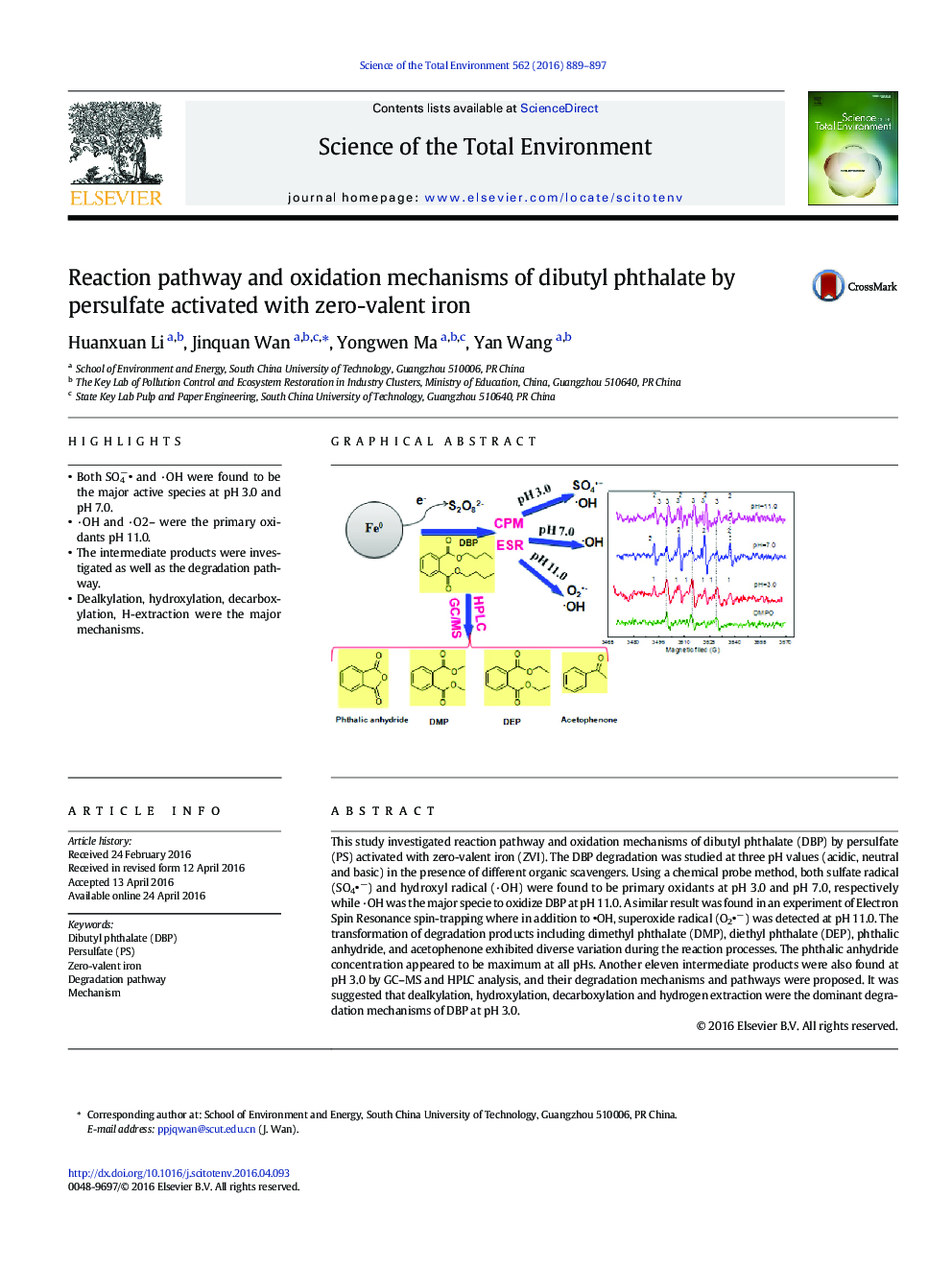 Reaction pathway and oxidation mechanisms of dibutyl phthalate by persulfate activated with zero-valent iron
