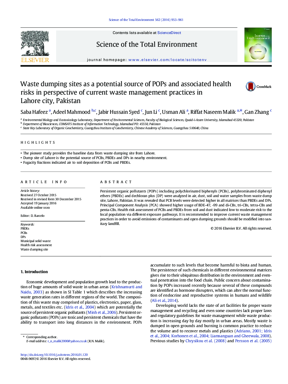 Waste dumping sites as a potential source of POPs and associated health risks in perspective of current waste management practices in Lahore city, Pakistan