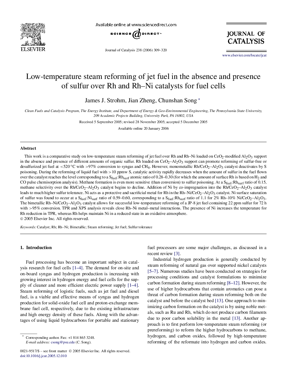 Low-temperature steam reforming of jet fuel in the absence and presence of sulfur over Rh and Rh–Ni catalysts for fuel cells