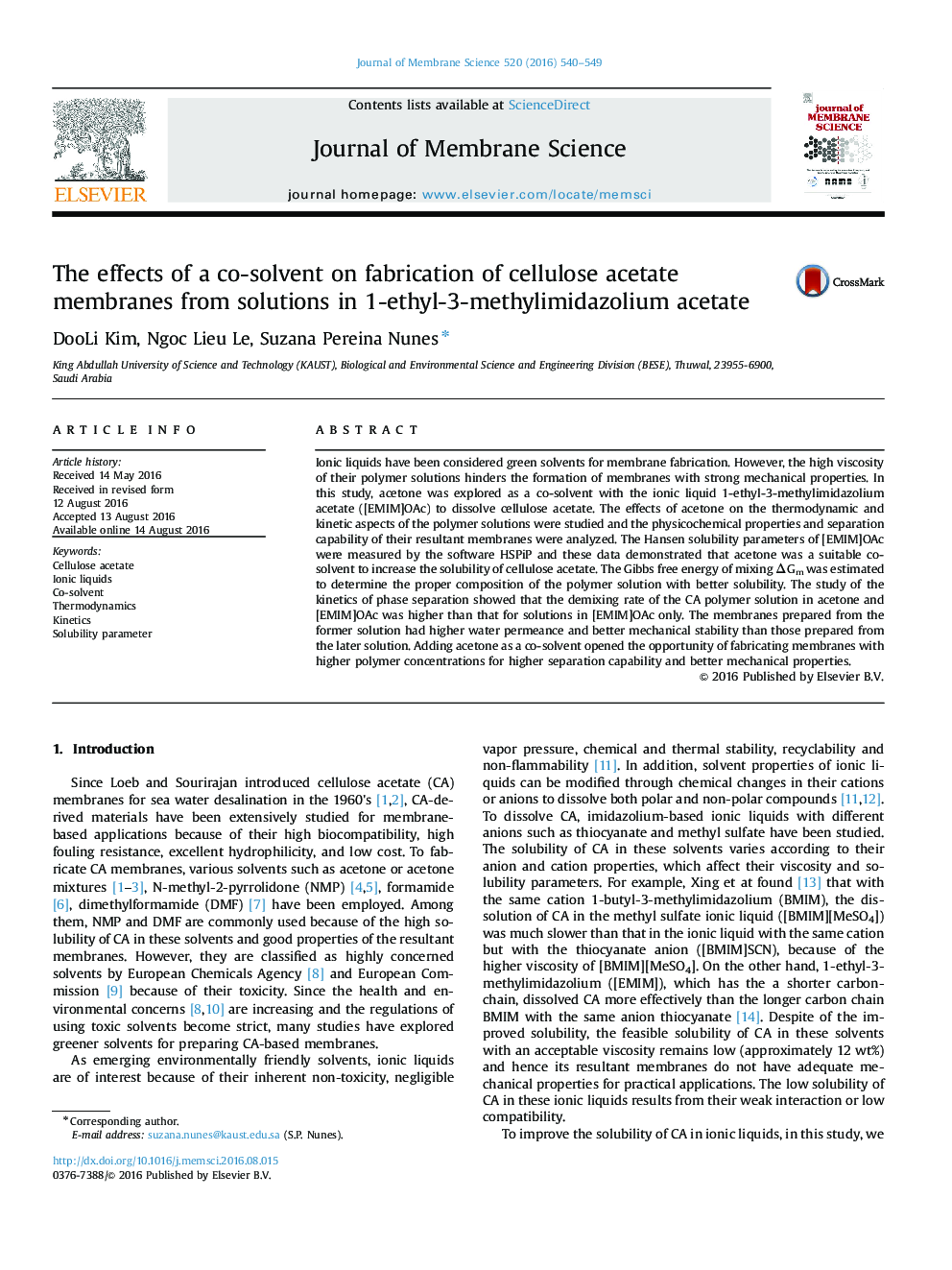 عکس صفحه اول مقاله: The effects of a co-solvent on fabrication of cellulose acetate membranes from solutions in 1-ethyl-3-methylimidazolium acetate The effects of a co-solvent on fabrication of cellulose acetate membranes from solutions in 1-ethyl-3-methylimidazolium acetate