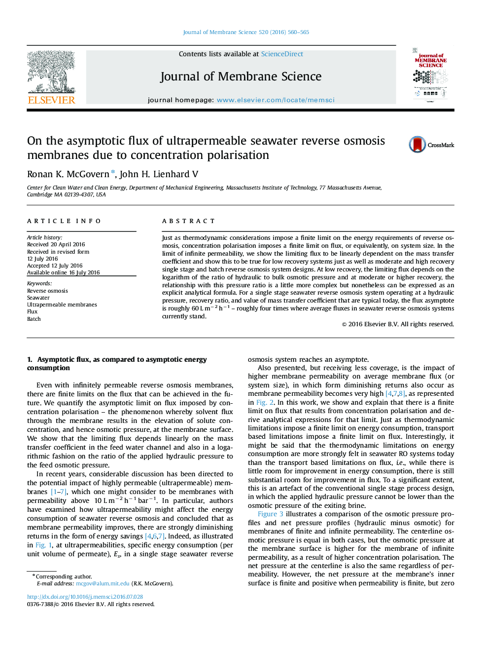 On the asymptotic flux of ultrapermeable seawater reverse osmosis membranes due to concentration polarisation