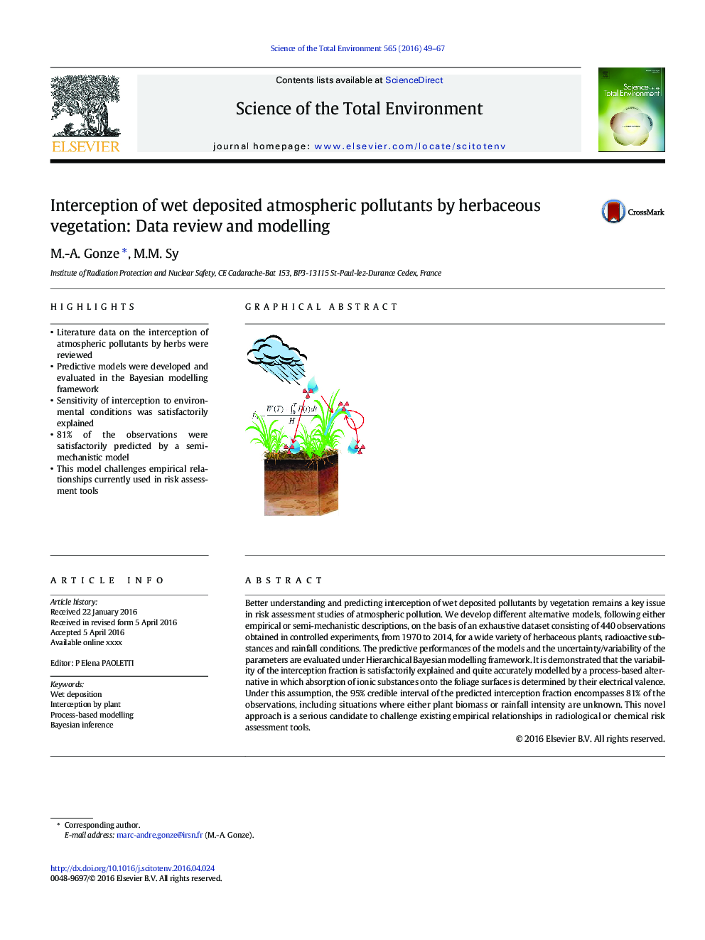 Interception of wet deposited atmospheric pollutants by herbaceous vegetation: Data review and modelling